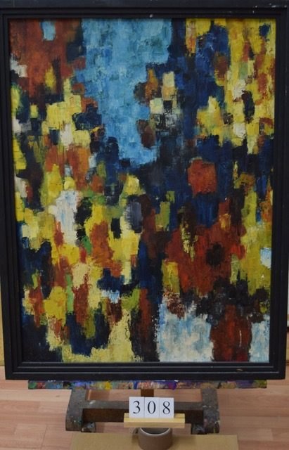 Dunkles hochformatiges Gemälde mit gelben, blauen und weißen Flecken.