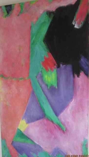 Hochformatige abstrakte Figurform in Schwarz, Grün, Blau und Violett.