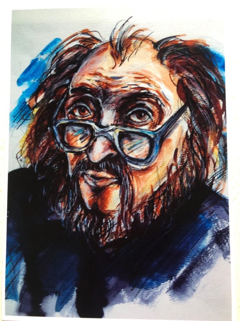 Nahansichtiges gemaltes Männergesicht mit Brille, langem dunklem Haar und Bart in Blau-, Braun- und Orangetönen.
