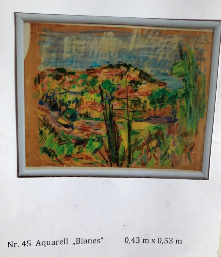 Gerahmtes Aquarell einer hügeligen mediterranen Landschaft in Grün, Ocker, Blau und Rotbraun.